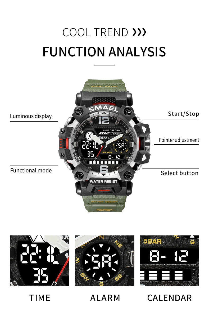 SMAEL Men Watches  50m Waterproof Sports Watch Military Man Sports Watch Digital 8072 Dual Display Watch  Quartz  Led Digital