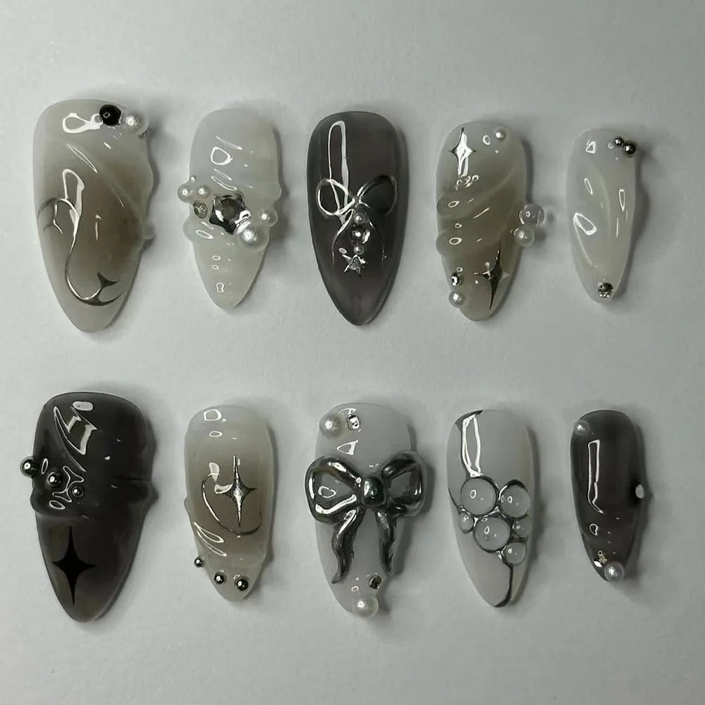 24pcs 3D Pink Flower False Nails Sweet French Almond Fake Nail Patch Full Cover Wearable Hand-painted Butterfly Press on Nails