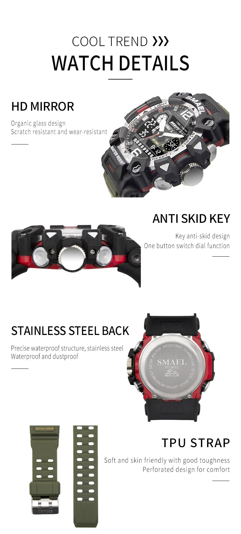 SMAEL Men Watches  50m Waterproof Sports Watch Military Man Sports Watch Digital 8072 Dual Display Watch  Quartz  Led Digital