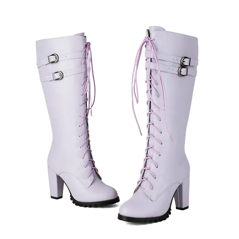 2025 Knight Boots Autumn Winter Women Shoes Tall Boots Round Toe Platform Coarse Heel Knee Length Boots Lace Up Lady Long Boots