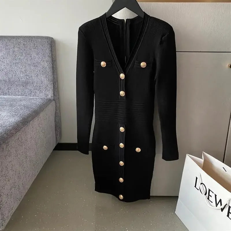 Elegant Long Sleeve Tweed Style Knit Dress Women's Autumn 2023 New V-neck Waist-fitted Slimming Dress Black