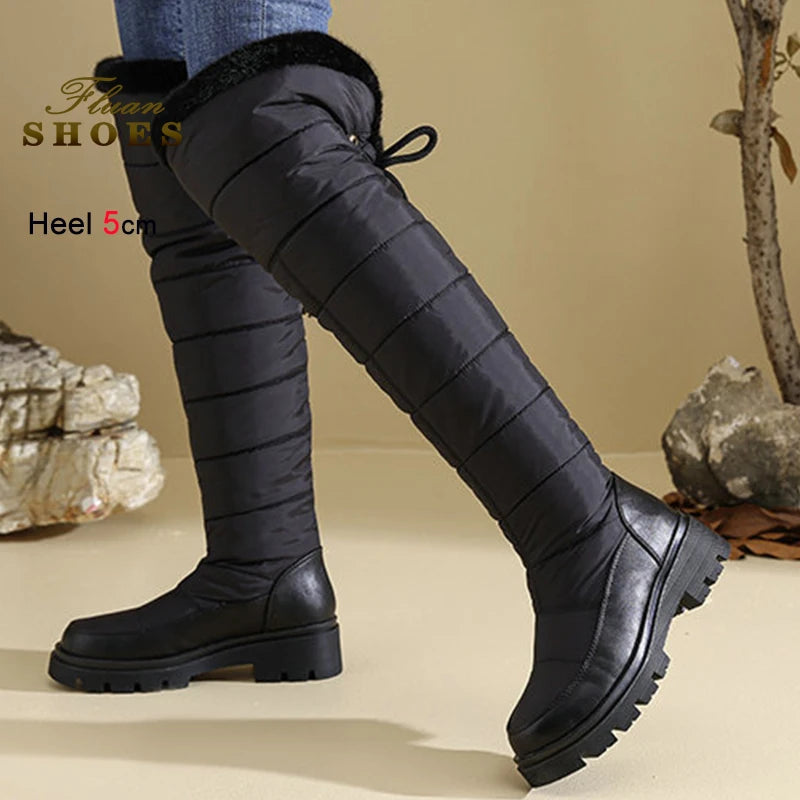 Warm Snow Boots Winter Thick Fleece Lining Women Shoes Waterproof Down Cotton Knee Length Long Boots Lace Up Warm Cotton Shoes