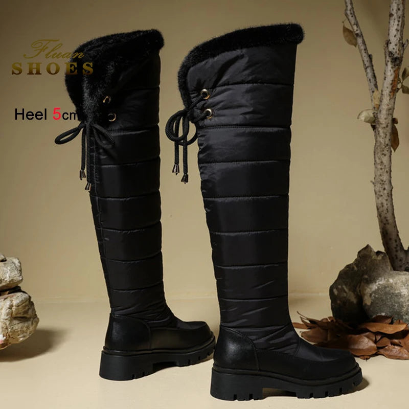 Warm Snow Boots Winter Thick Fleece Lining Women Shoes Waterproof Down Cotton Knee Length Long Boots Lace Up Warm Cotton Shoes