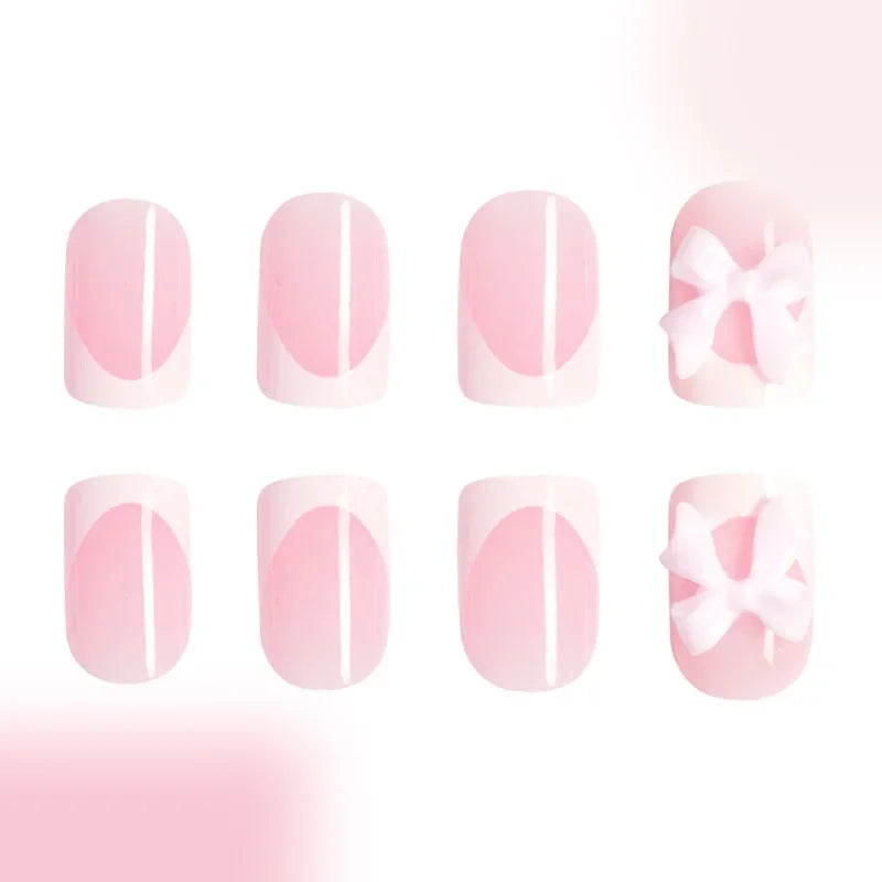 24Pcs/set Bows Press on Nails Short Square Fake Nail White French Tip False Nails with Pink Bow Charms Stick on Nails for Women