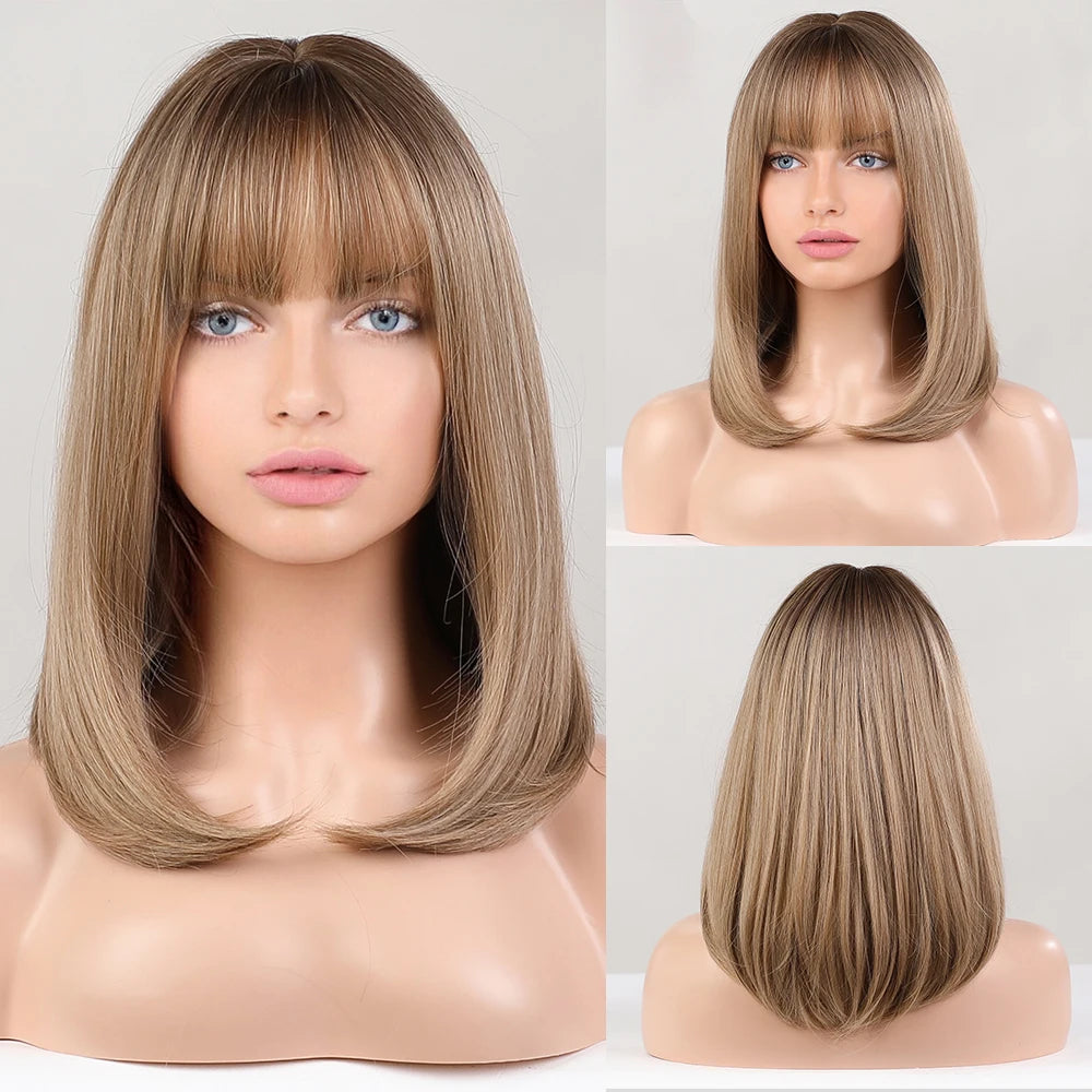 White Blonde Gray Synthetic Wigs with Bangs Short Straight Bob Hair Wig for Women Cosplay Daily Natural Hair Heat Resistant