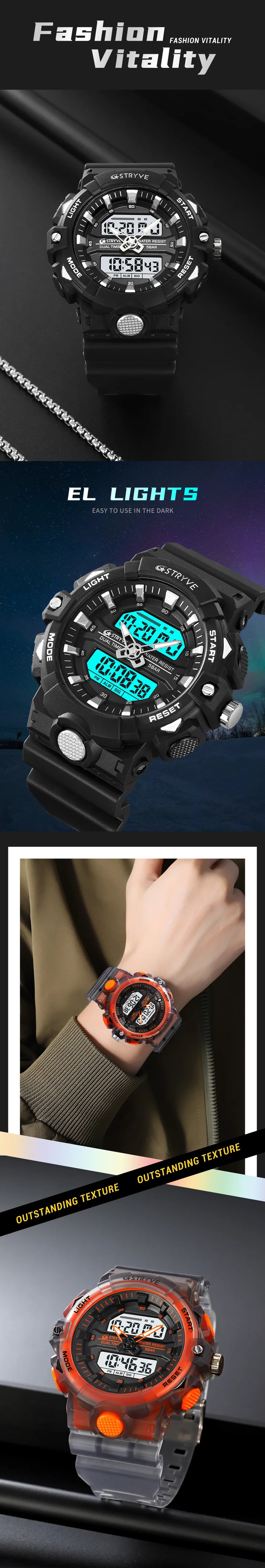 New STRYVE Watch 8028 Digital-Analog Dual Movement Good Quality Men's Watches  5ATM Waterproof Watches Fashion Luminous Calendar