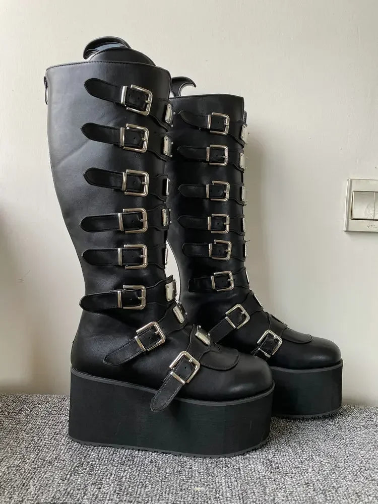 Women Boots Cosplay Ladies High Heel Platform Wedges Women High Boots  Buckle Strap Long Tube Leather Female Boots