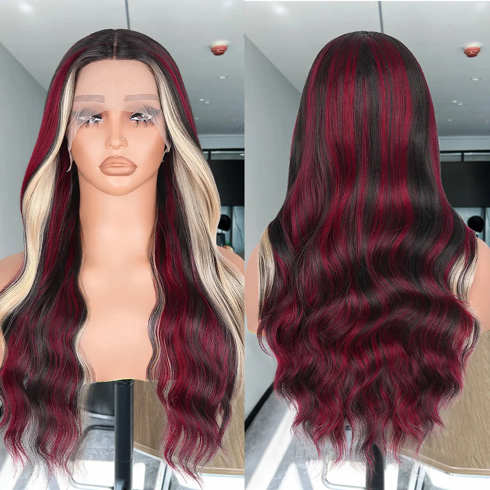 13X6 Lace Front Wig Highlight Black with Red Blonde Wig Synthetic 13x4 Lace Front Wigs Pre Plucked With Hairline Women's Wig