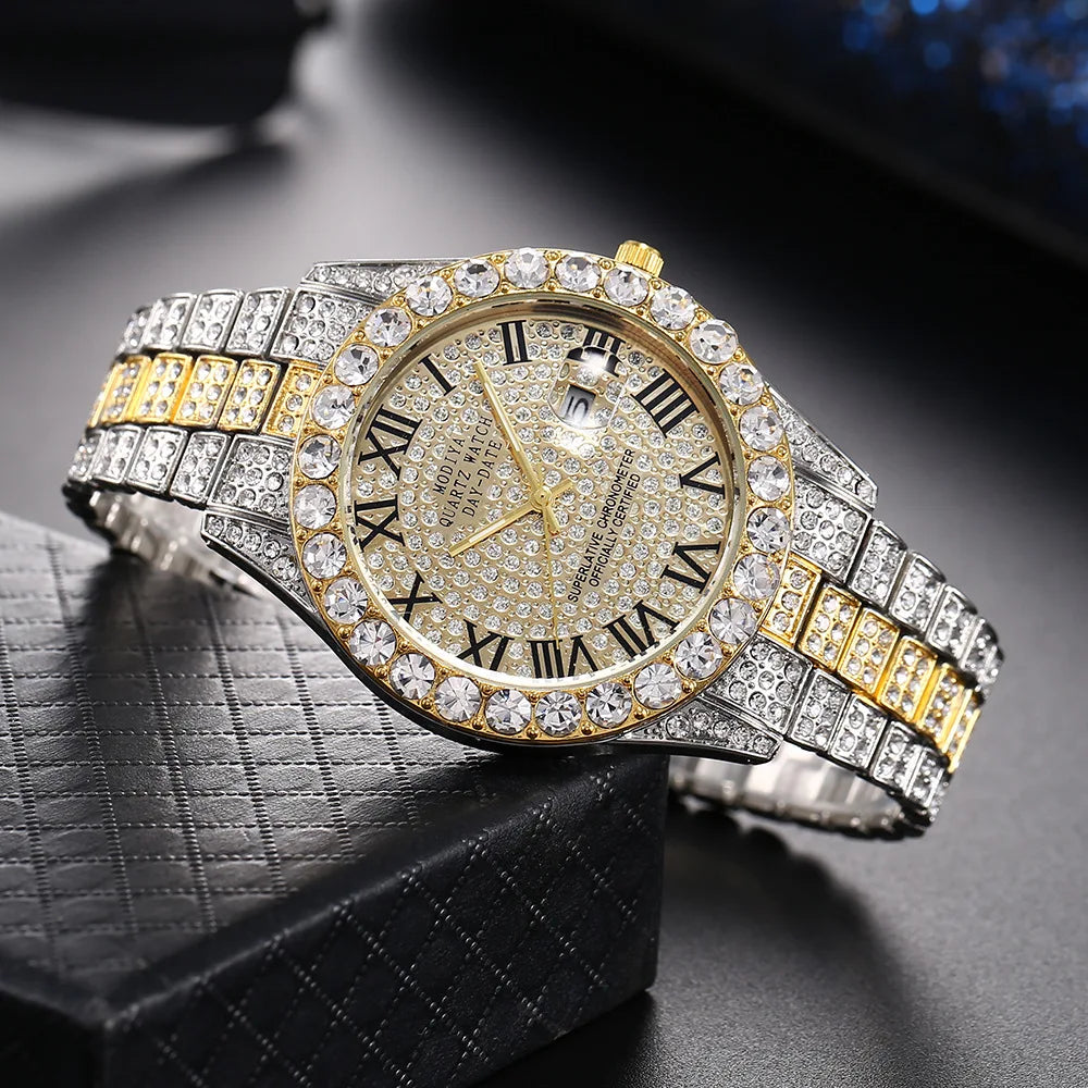 Classic Luxury  Golden Men's Steel Strap Roman Scale Rhinestone Calendar Quartz Watch Fashion Male Wristwatch Relogio Masculino