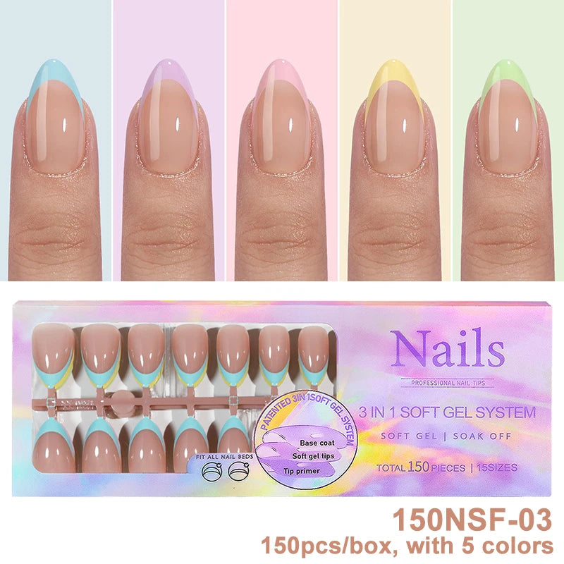 150Pcs/Box Acrylic Press on Nails Full Cover Fake False Tips Soft Gel Extension T-shaped Oval Capsule Almond Sculpted Salon DIY