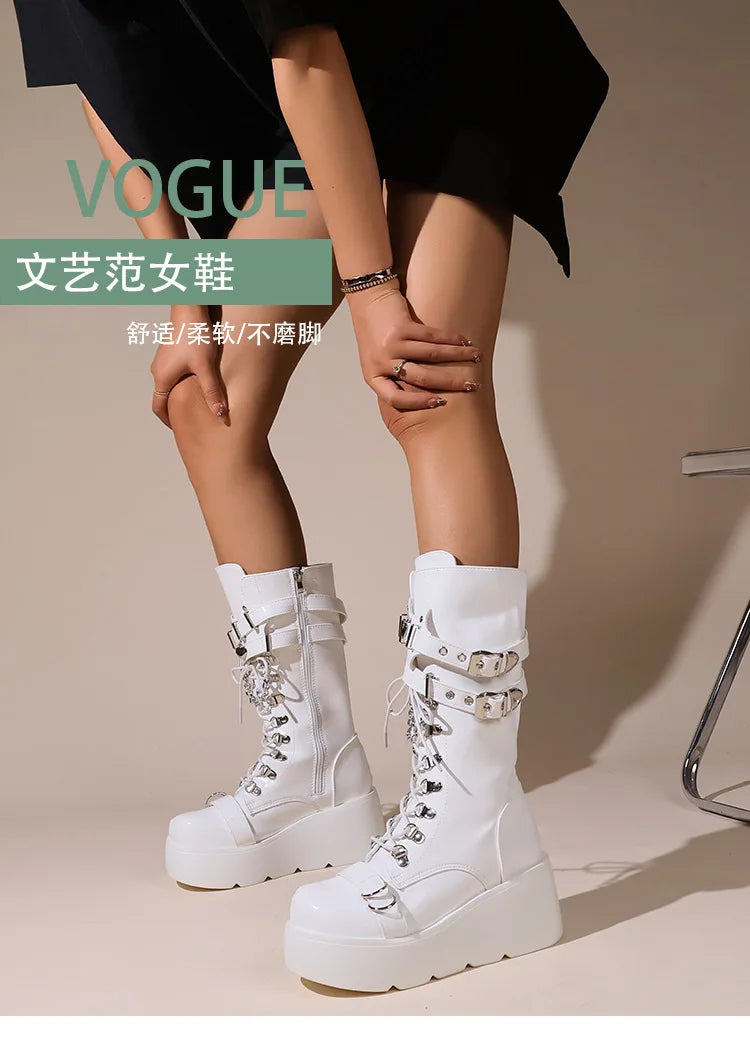 Ladies Platform Boots Fashion Chain Punk Goth Wedges 8cm High Heels Women's Boots Party Street Cosplay Woman Shoes Bota Feminina