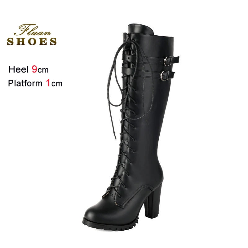 2025 Knight Boots Autumn Winter Women Shoes Tall Boots Round Toe Platform Coarse Heel Knee Length Boots Lace Up Lady Long Boots