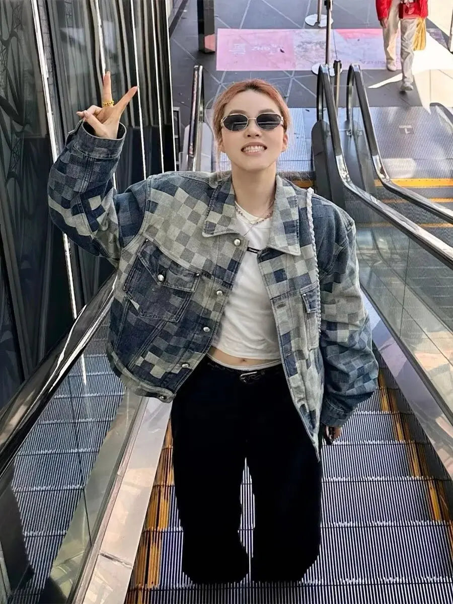 Vintage Loose Denim Jacket Trendy Men's Loose-Fit Jacket Men Streetwear Harajuku Style Plaid Coat Hip Hop Gothic Clothes