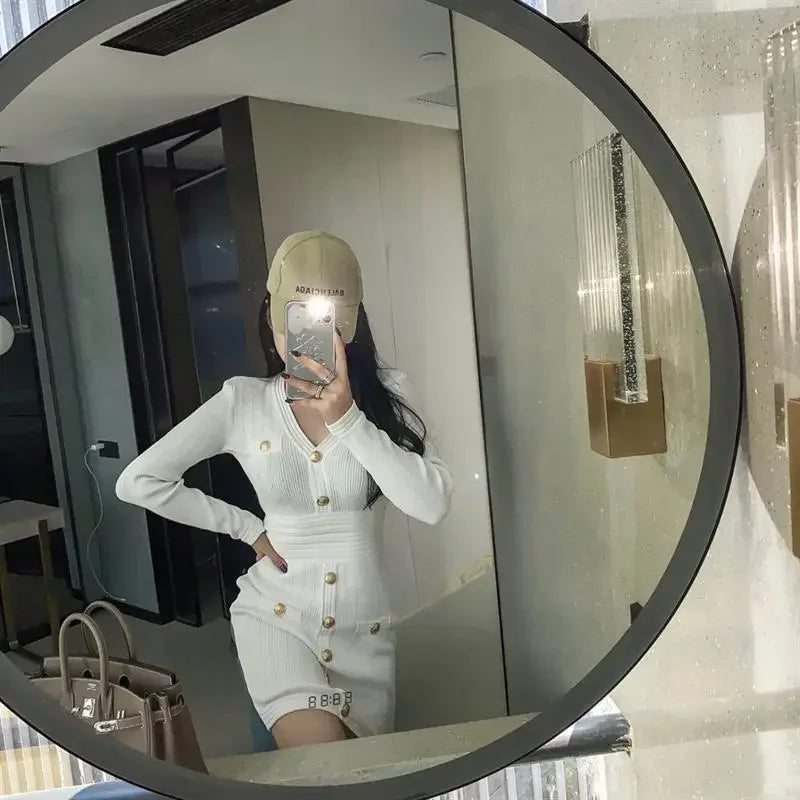 Elegant Long Sleeve Tweed Style Knit Dress Women's Autumn 2023 New V-neck Waist-fitted Slimming Dress Black