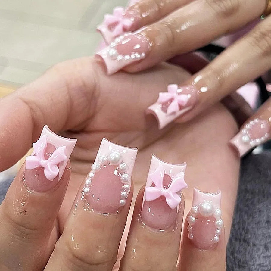 24Pcs/set Bows Press on Nails Short Square Fake Nail White French Tip False Nails with Pink Bow Charms Stick on Nails for Women