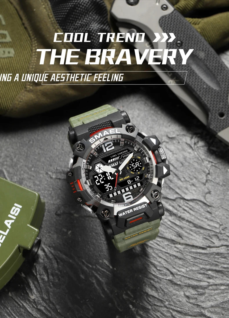 SMAEL Men Watches  50m Waterproof Sports Watch Military Man Sports Watch Digital 8072 Dual Display Watch  Quartz  Led Digital