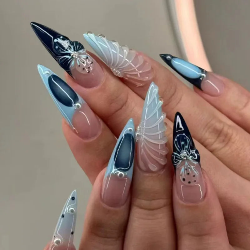 24pcs 3D Pink Flower False Nails Sweet French Almond Fake Nail Patch Full Cover Wearable Hand-painted Butterfly Press on Nails