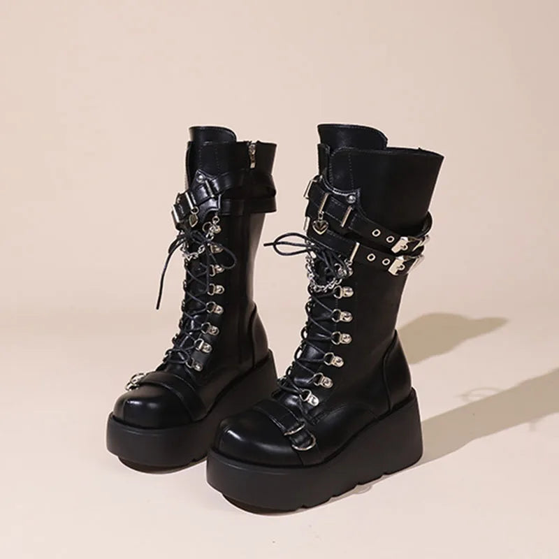 Ladies Platform Boots Fashion Chain Punk Goth Wedges 8cm High Heels Women's Boots Party Street Cosplay Woman Shoes Bota Feminina