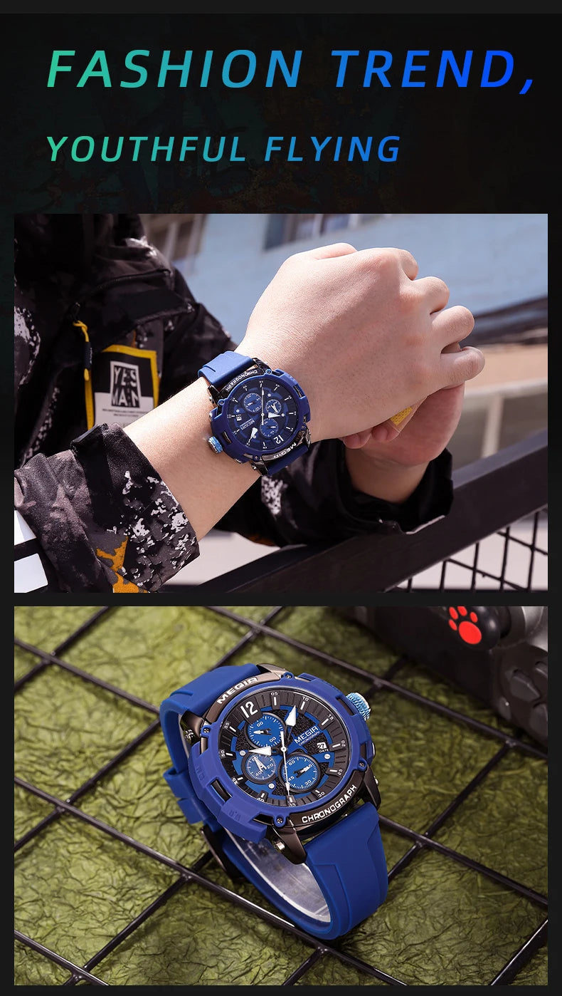 Megir Men's Chronograph Analog Quartz Watch for Men with Date Luminous Hands Orange Silicone Strap Waterproof Wristswatch Male