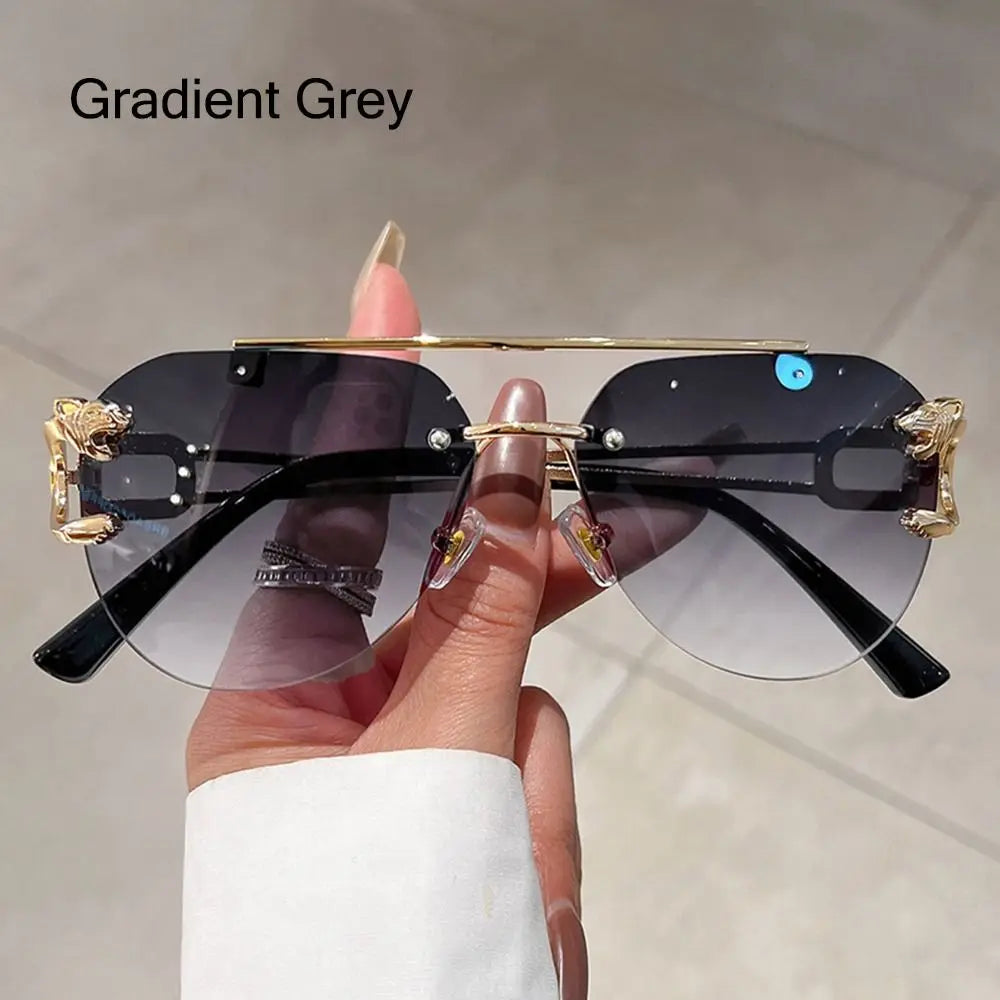 New Rimless Cheetah Decor Sunglasses Gradient UV400 Double Bridge Sun Glasses Shades for Women & Men