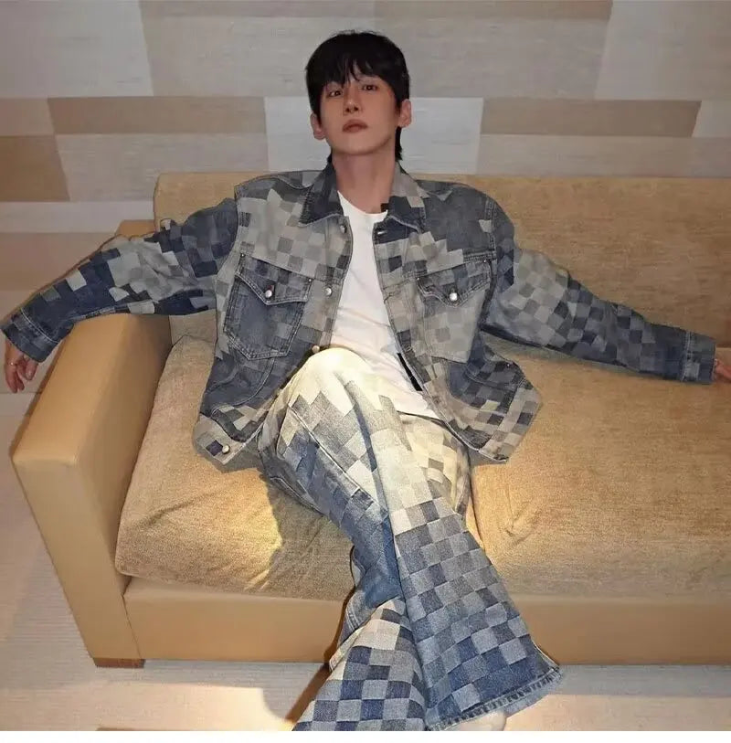 Vintage Loose Denim Jacket Trendy Men's Loose-Fit Jacket Men Streetwear Harajuku Style Plaid Coat Hip Hop Gothic Clothes