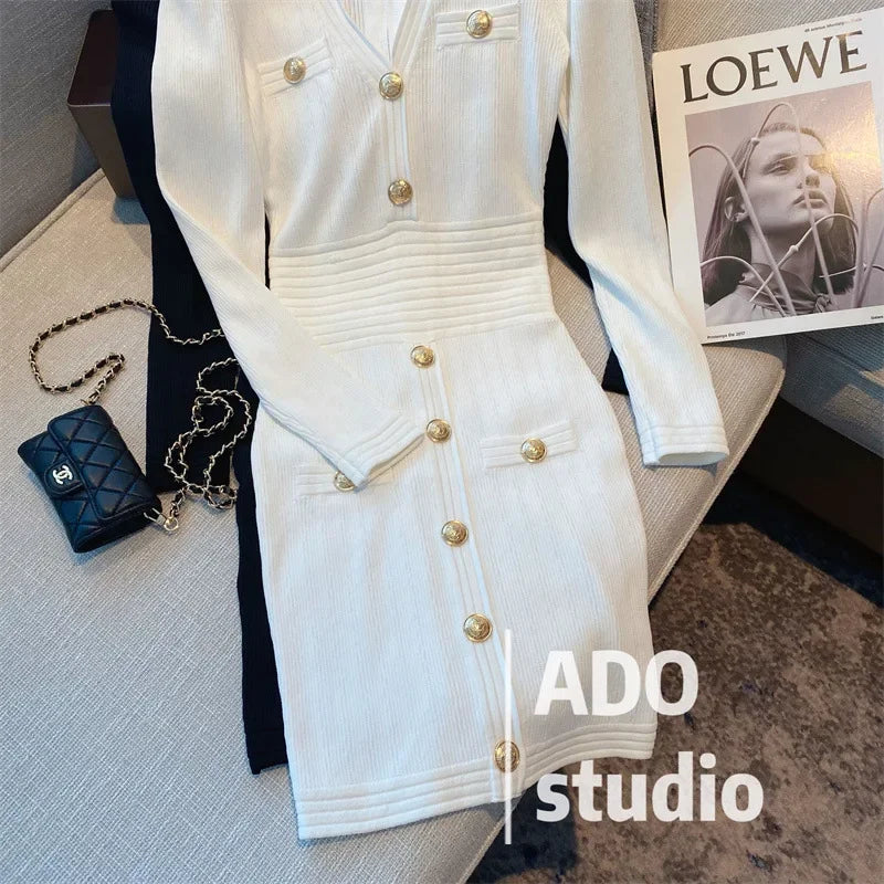 Elegant Long Sleeve Tweed Style Knit Dress Women's Autumn 2023 New V-neck Waist-fitted Slimming Dress Black