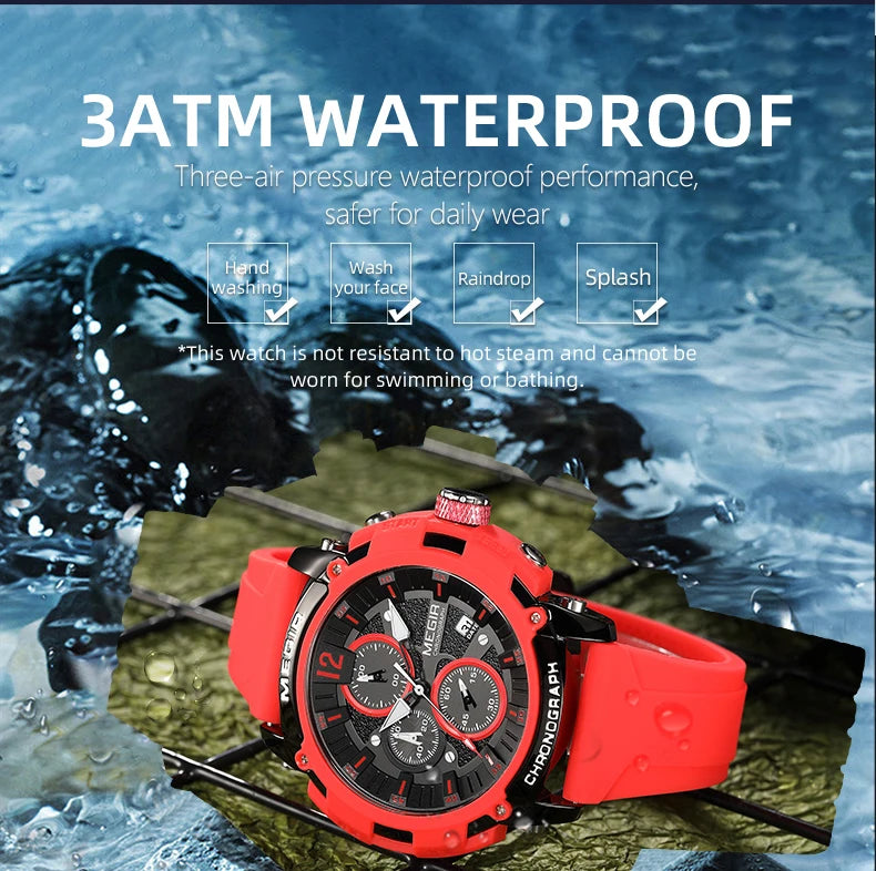 Megir Men's Chronograph Analog Quartz Watch for Men with Date Luminous Hands Orange Silicone Strap Waterproof Wristswatch Male