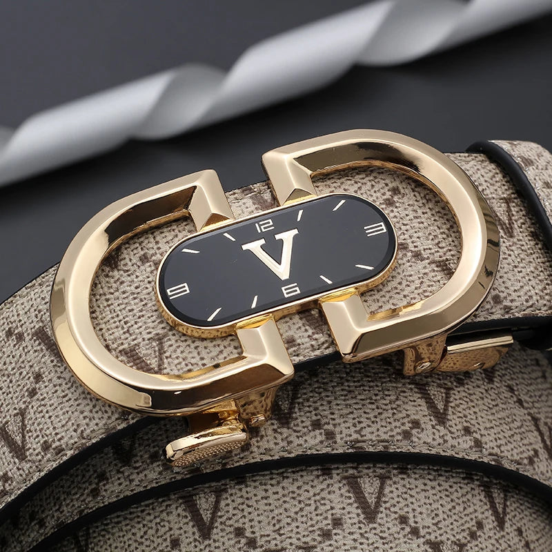 Clock pattern automatic buckle men's belt, fashion letter buckle belt, business casual leather belt, leather suit belt