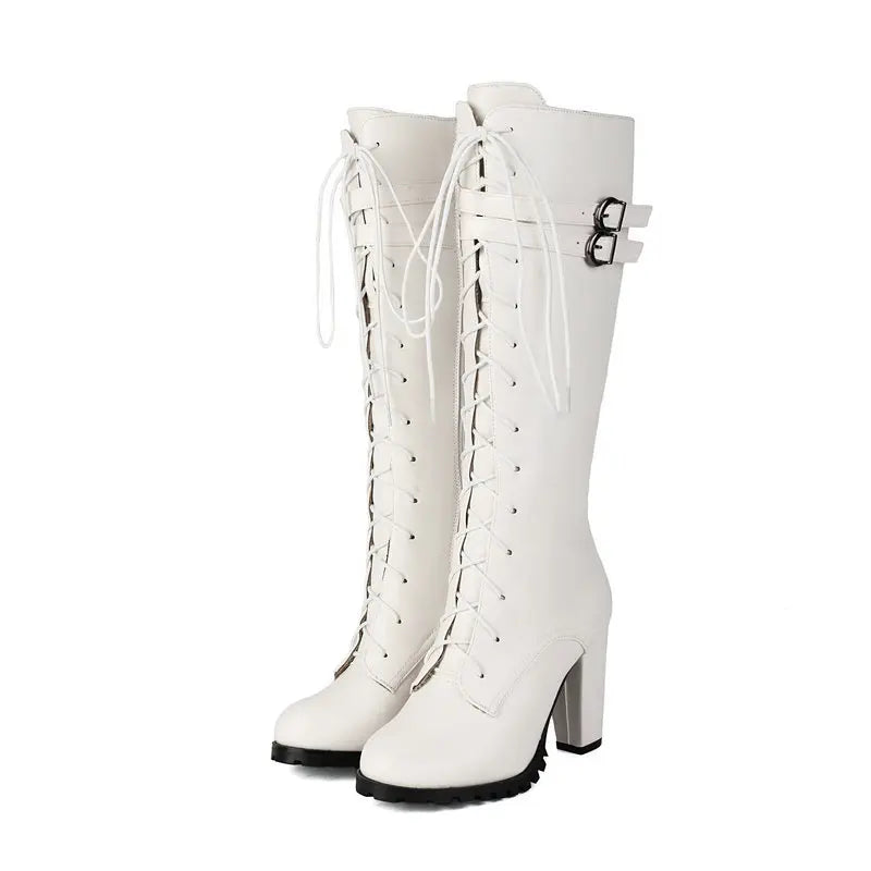 2025 Knight Boots Autumn Winter Women Shoes Tall Boots Round Toe Platform Coarse Heel Knee Length Boots Lace Up Lady Long Boots