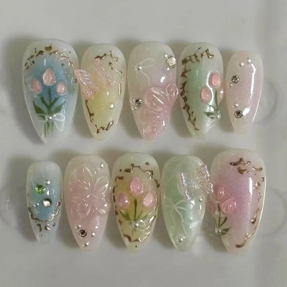 24pcs 3D Pink Flower False Nails Sweet French Almond Fake Nail Patch Full Cover Wearable Hand-painted Butterfly Press on Nails