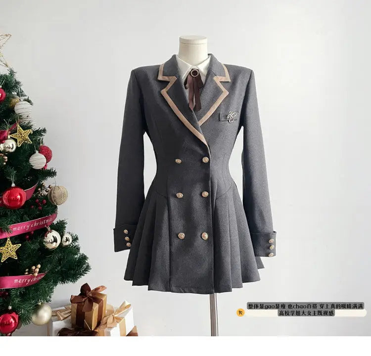 Korean Fashion Woolen Suit Dresses for Women Winter New College Style Sweet Waist up Slim High-end A-line Pleated Mini Dress