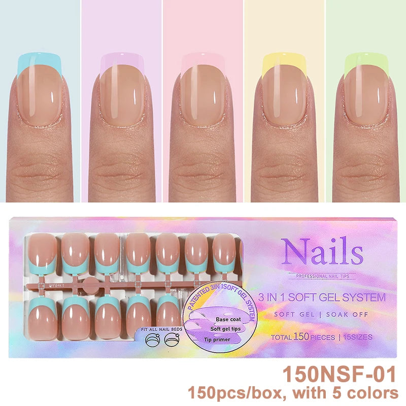 150Pcs/Box Acrylic Press on Nails Full Cover Fake False Tips Soft Gel Extension T-shaped Oval Capsule Almond Sculpted Salon DIY