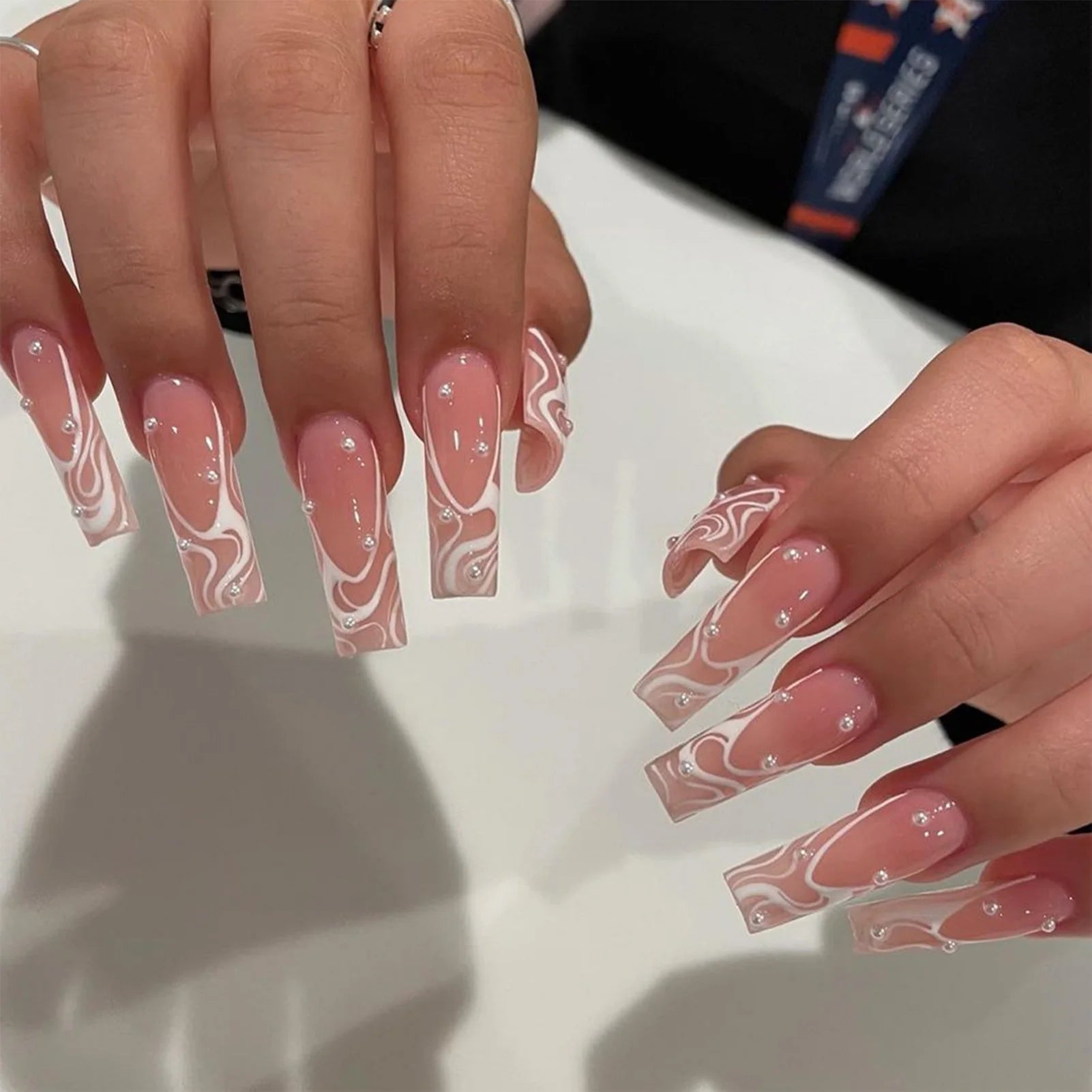 Rhinestone Embellished White Fake Nails Long Square UV Gel Cool Color Nails for Dance Parties Weekend Trips Parties