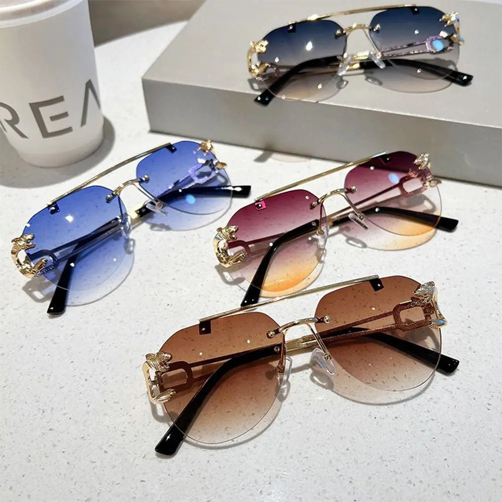 New Rimless Cheetah Decor Sunglasses Gradient UV400 Double Bridge Sun Glasses Shades for Women & Men