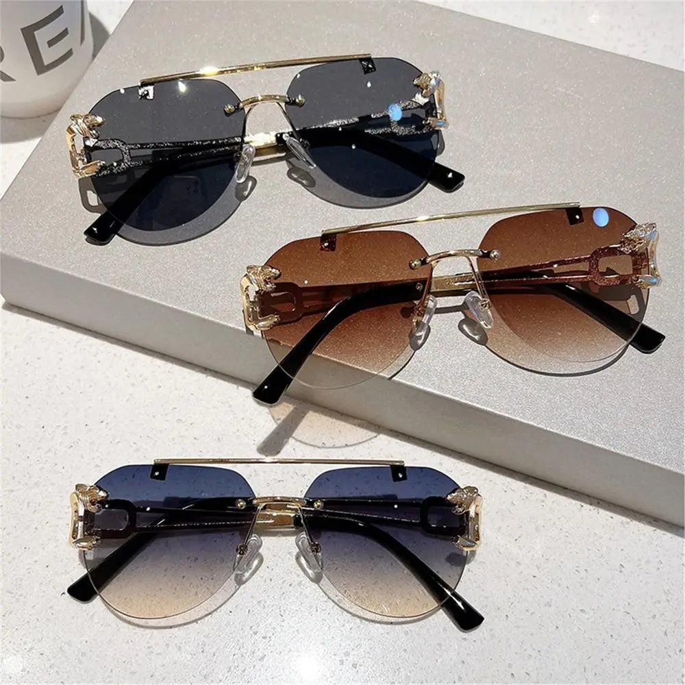 New Rimless Cheetah Decor Sunglasses Gradient UV400 Double Bridge Sun Glasses Shades for Women & Men