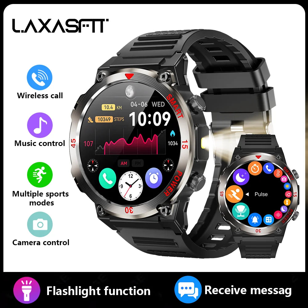 LAXASFIT 2025 New Durable Men's Smart Watch Outdoor Sports LED Flashlight High-Definition Screen Bluetooth Call Smartwatch