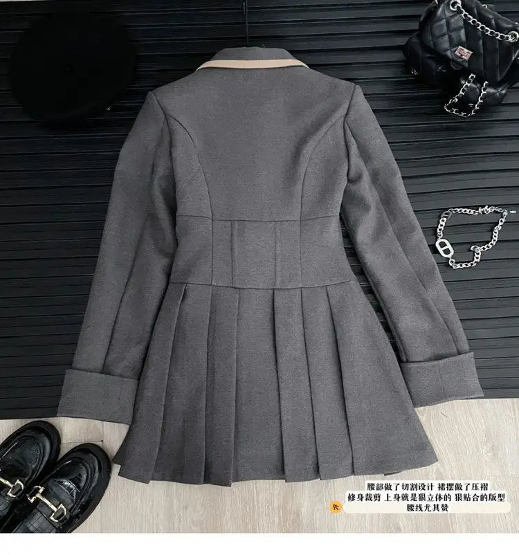 Korean Fashion Woolen Suit Dresses for Women Winter New College Style Sweet Waist up Slim High-end A-line Pleated Mini Dress