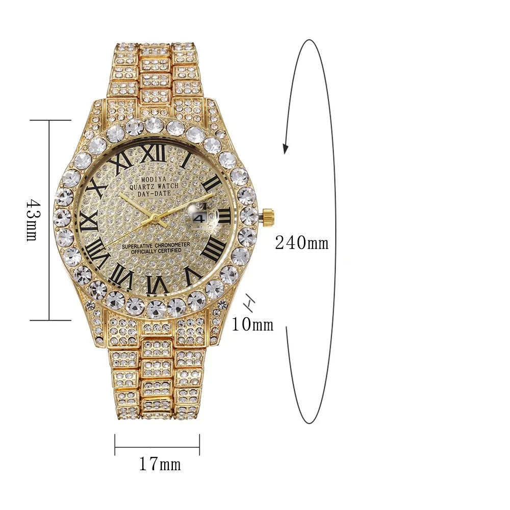 Classic Luxury  Golden Men's Steel Strap Roman Scale Rhinestone Calendar Quartz Watch Fashion Male Wristwatch Relogio Masculino