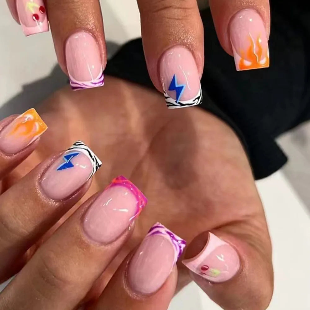 24pcs 3D Pink Flower False Nails Sweet French Almond Fake Nail Patch Full Cover Wearable Hand-painted Butterfly Press on Nails