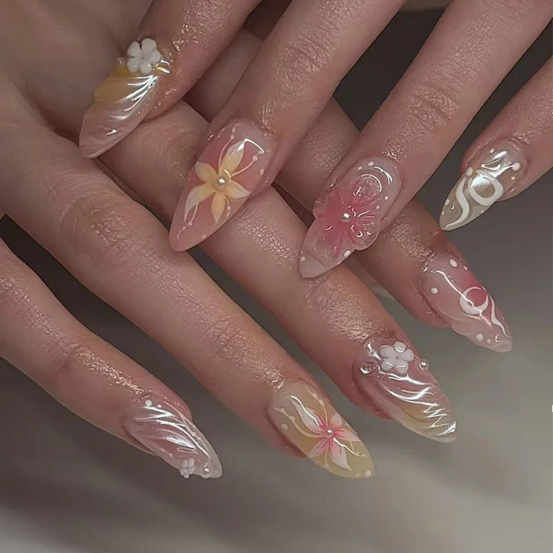 24pcs 3D Pink Flower False Nails Sweet French Almond Fake Nail Patch Full Cover Wearable Hand-painted Butterfly Press on Nails