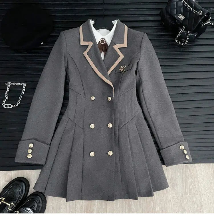 Korean Fashion Woolen Suit Dresses for Women Winter New College Style Sweet Waist up Slim High-end A-line Pleated Mini Dress