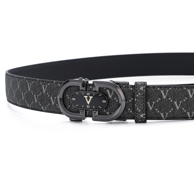 Clock pattern automatic buckle men's belt, fashion letter buckle belt, business casual leather belt, leather suit belt