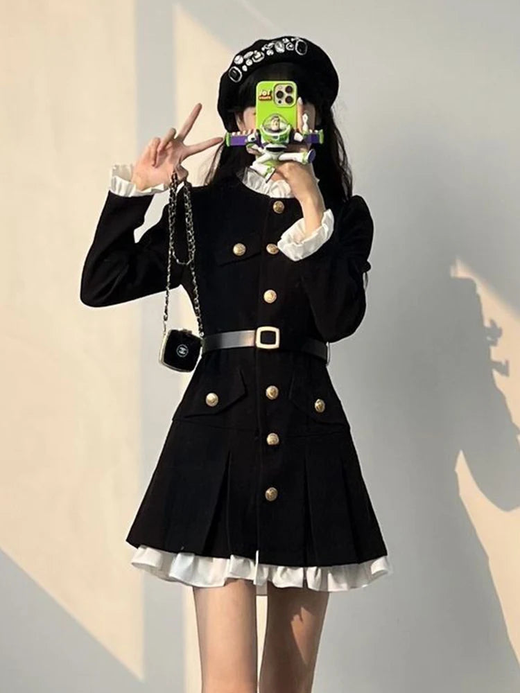 French Fashion Mini Dress Women Small Fragrance Long Sleeve Button Patchwork Suit Dresses Sweet Belt Slim O Neck Chic Vestidos