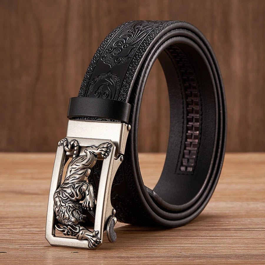 Fashion Tiger Buckle with Tang Grass Pattern Leather Belt for Men Work of Art Belt Automatic Buckle Business Belt