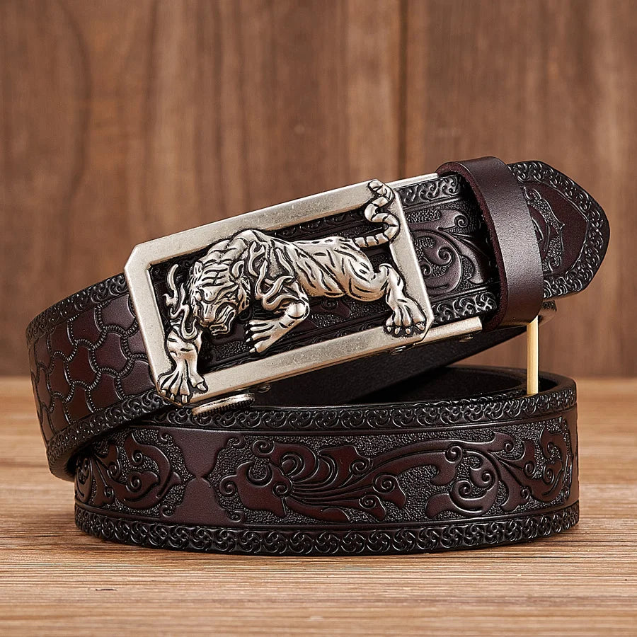 Fashion Tiger Buckle with Tang Grass Pattern Leather Belt for Men Work of Art Belt Automatic Buckle Business Belt