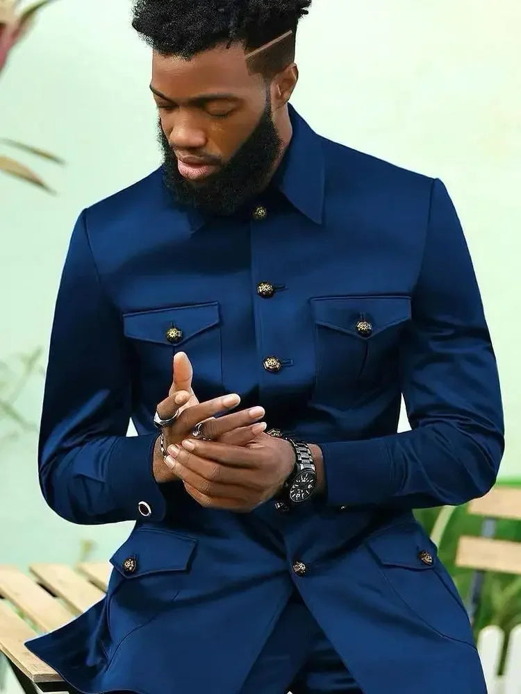 Suits for Men 2 Piece Fashion Stand Collar Single Breasted Suit Solid Color Wedding Tuxedo Business Casual Suit (Jacket+Pants)