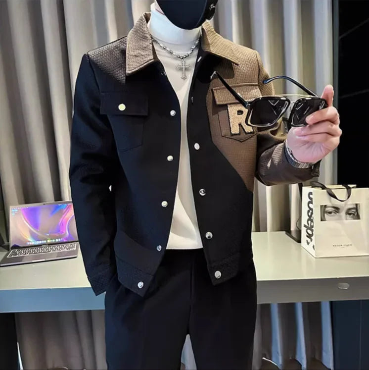 2024 New Spring and Autumn Color Contrast Trendy Slim Fit Coat for Men's Fashion Flip Collar Casual Jacket