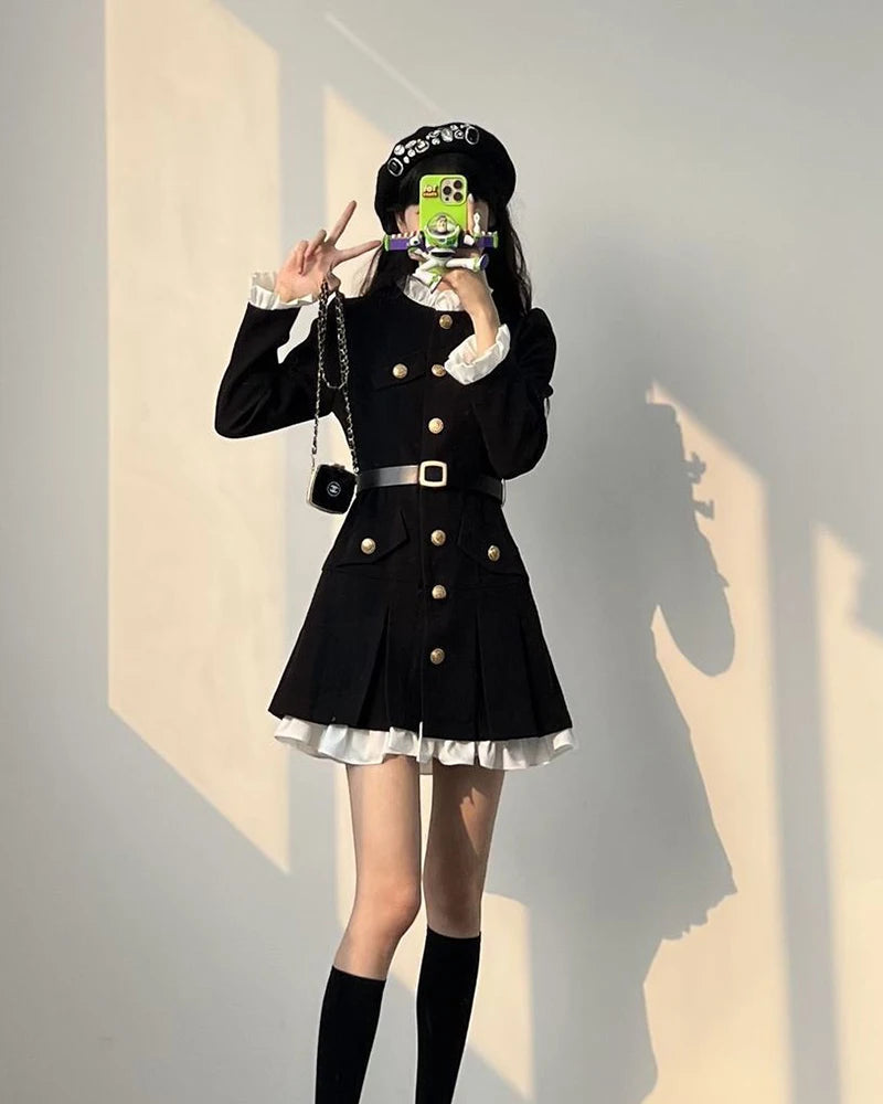 French Fashion Mini Dress Women Small Fragrance Long Sleeve Button Patchwork Suit Dresses Sweet Belt Slim O Neck Chic Vestidos