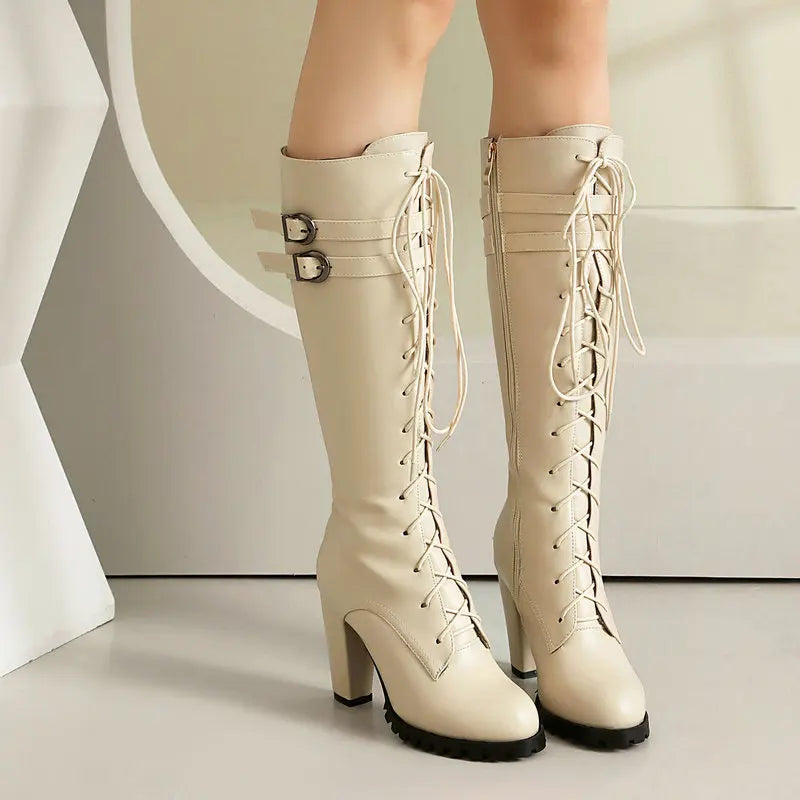 2025 Knight Boots Autumn Winter Women Shoes Tall Boots Round Toe Platform Coarse Heel Knee Length Boots Lace Up Lady Long Boots