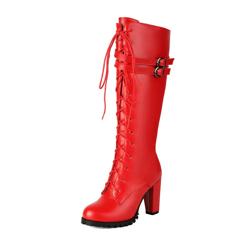2025 Knight Boots Autumn Winter Women Shoes Tall Boots Round Toe Platform Coarse Heel Knee Length Boots Lace Up Lady Long Boots